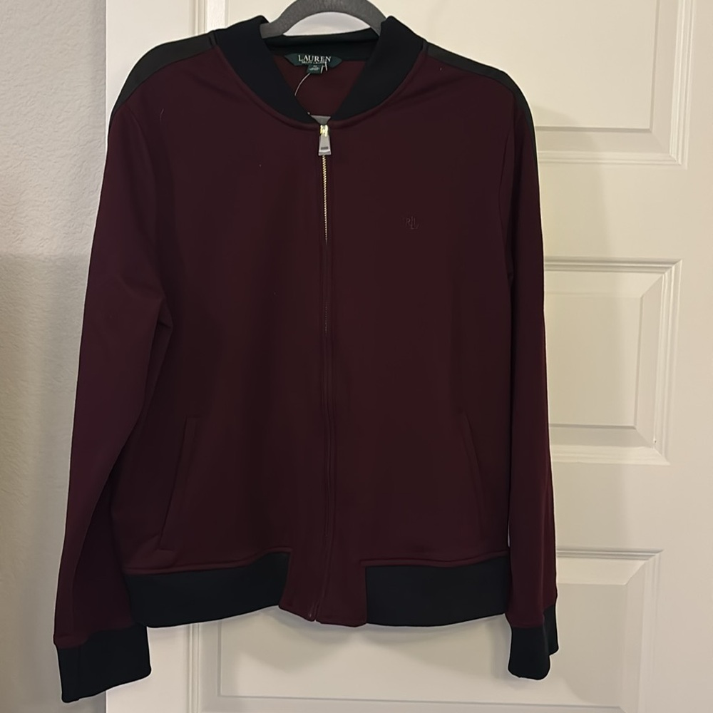 Ralph Lauren burgundy & black track jacket SZ XL activewear zipper pockets NWOT